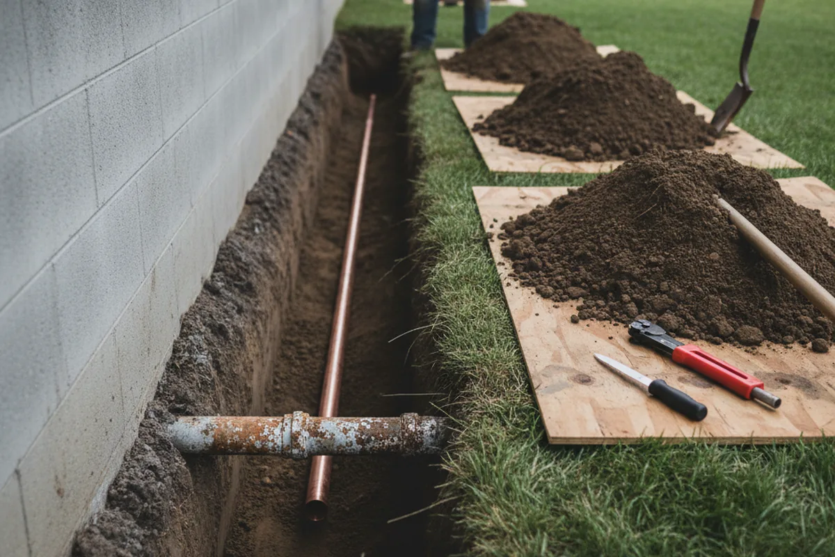 Excavated water line trench during Sewer Line Repair in Bunker Hill